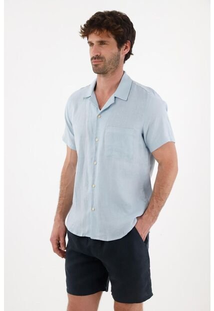 Tennis Camisa Tipo Bowling En Lino Azul Para Hombre