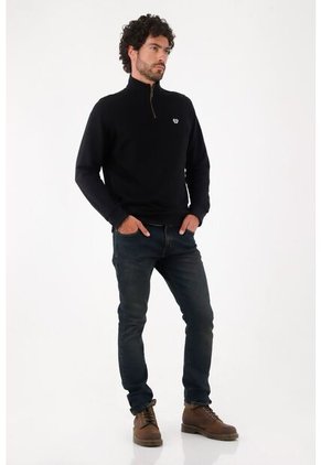 Tennis Buzo Para Hombre De Algodón Negro Regular Fit Con Cuello Alto Y Media Cremallera