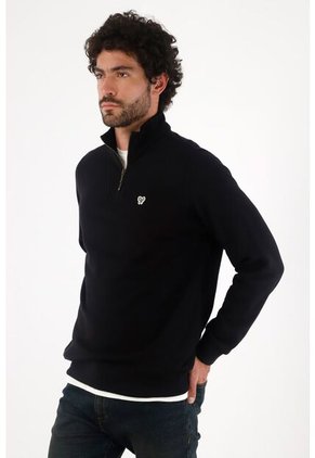 Tennis Buzo Para Hombre De Algodón Negro Regular Fit Con Cuello Alto Y Media Cremallera