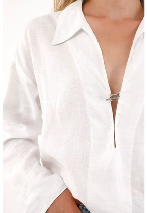 Tennis Camisa Blanca Manga Larga Con Escote 100% Lino Para Mujer