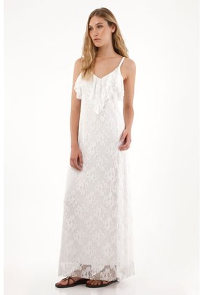 Tennis Vestido Largo En Encaje Con Escote En V Crudo Para Mujer