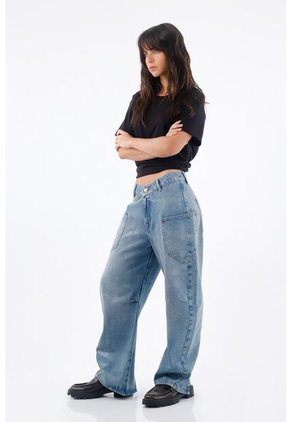 Tennis Jean Para Mujer En Algodón Azul Medio Fit Horseshoe Con Bolsillos De Parche