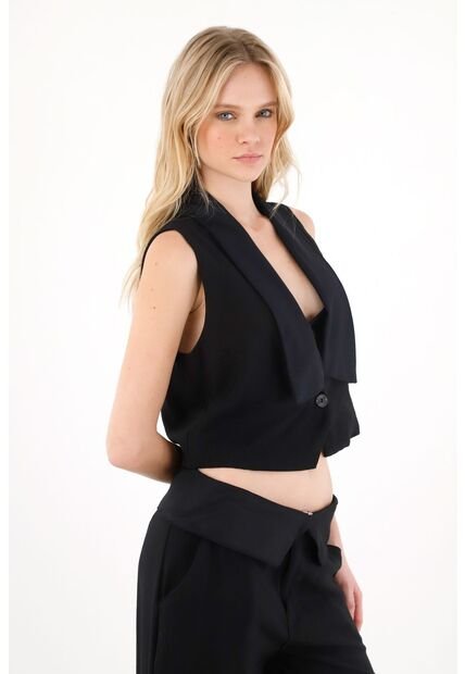 Tennis Chaleco Con Solapa En Tela Tipo Satín Negro Para Mujer