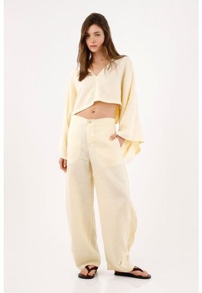 Tennis Camisa Fit Relajado Con Mangas Kimono En Lino Amarillo Pastel Para Mujer