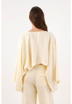 Tennis Camisa Fit Relajado Con Mangas Kimono En Lino Amarillo Pastel Para Mujer
