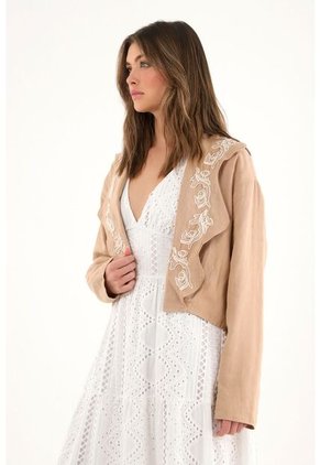 Abrigo Corto En 100% Lino Con Bordado Para Mujer