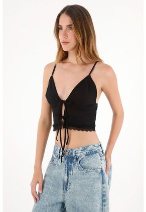 Tennis Crop En Rib Con Detalle De Encaje En El Ruedo Negro Para Mujer