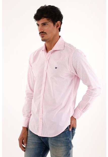 Camisa Rosada Manga Larga Con Diseño A Rayas Para Hombre