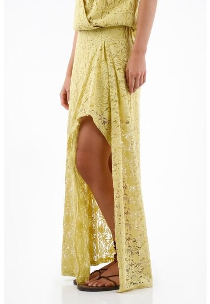 Tennis Falda Larga Para Mujer En Algodón Amarillo Pastel Fit Fluido Con Encaje Floral