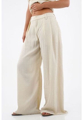 Tennis Pantalón Para Mujer De Poliéster Beige Wide Leg Con Textura Arrugada