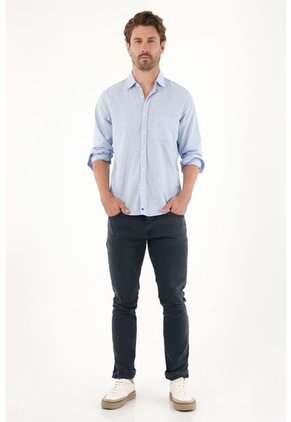 Tennis Camisa Manga Larga Preteñida Azul Con Textura Lisa Para Hombre