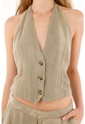 Chaleco Con Escote En V Y Tiras Anudables Café Para Mujer