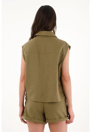 Chaleco Verde Con Manualidad Bordada En 100% Lino Para Mujer