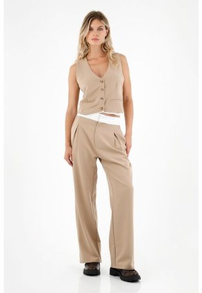 Chaleco Café Con Bolsillos De Ribete Para Mujer