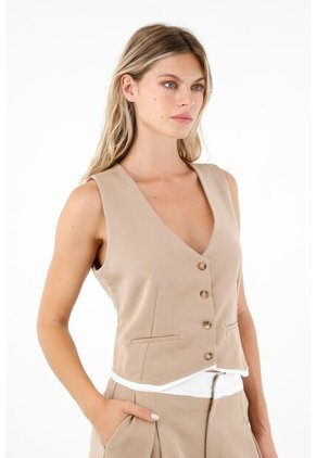 Chaleco Café Con Bolsillos De Ribete Para Mujer