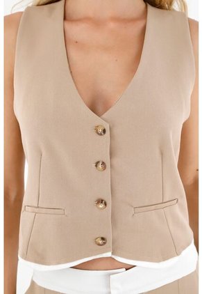 Chaleco Café Con Bolsillos De Ribete Para Mujer