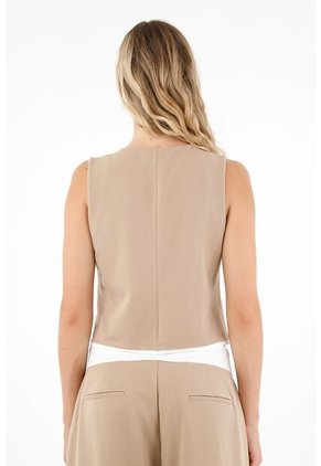 Chaleco Café Con Bolsillos De Ribete Para Mujer