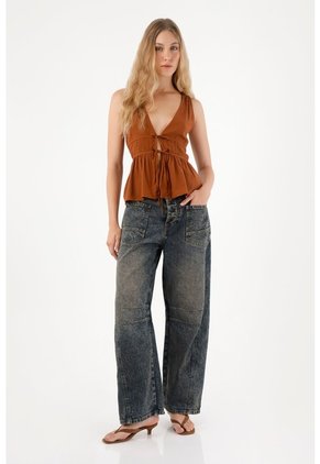 Tennis Jean Horseshoe De Tiro Bajo Azul Con Acabado Ligero Para Mujer