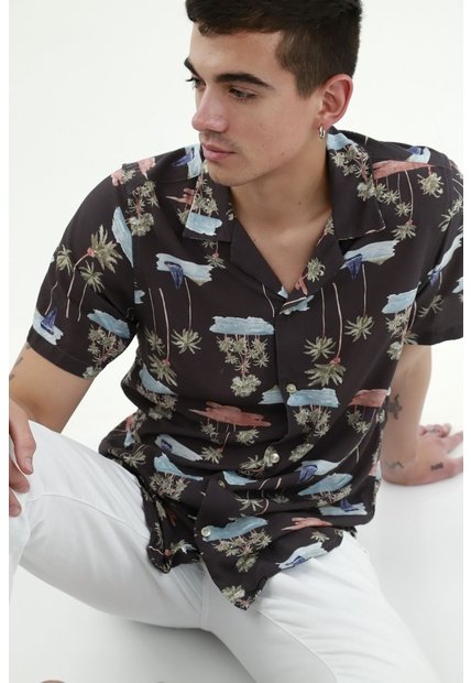Tennis Camisa Regular Fit Con Estampado Tropical En Algodón Negro Para Hombre