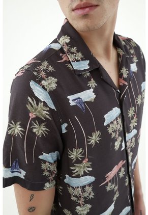 Tennis Camisa Regular Fit Con Estampado Tropical En Algodón Negro Para Hombre