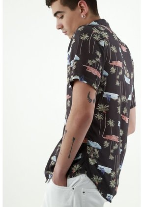 Tennis Camisa Regular Fit Con Estampado Tropical En Algodón Negro Para Hombre