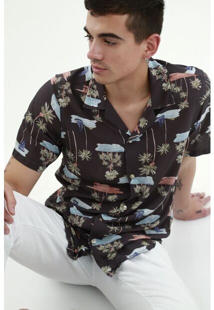 Tennis Camisa Regular Fit Con Estampado Tropical En Algodón Negro Para Hombre