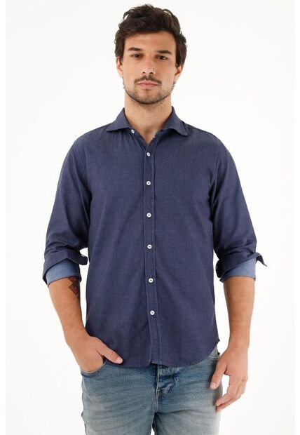 Tennis Camisa Azul Oscura Regular Fit Preteñida Para Hombre