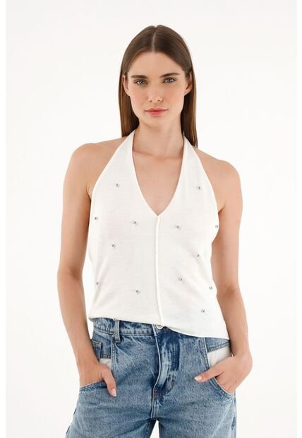 Tennis Camiseta Tejida Crudo Con Apliques De Brillo Para Mujer