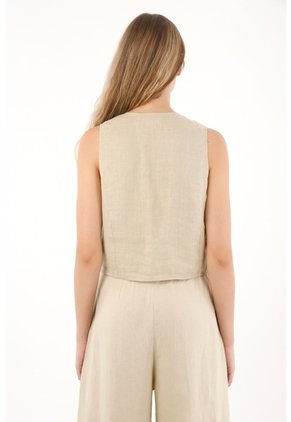 Chaleco En 100% Lino Con Escote Curvo Café Para Mujer