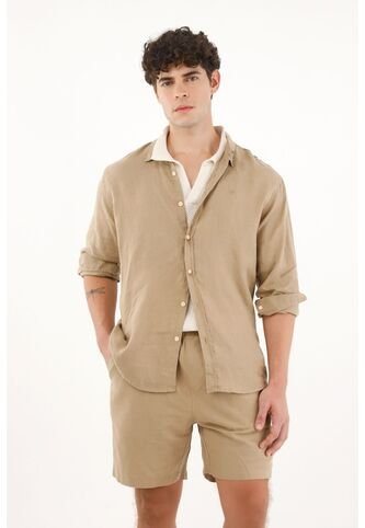 Camisa Café Manga Larga 100% Lino Para Hombre Tennis