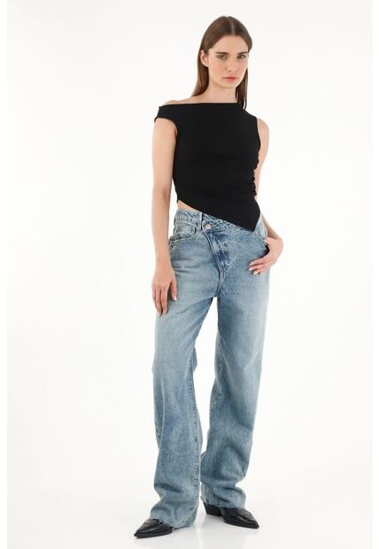 Jean Recto Tiro Alto Con Corte Diagonal Para Mujer