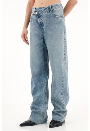 Jean Recto Tiro Alto Con Corte Diagonal Para Mujer