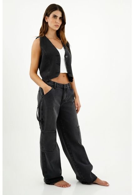 Jean Negro Con Bolsillos De Parche Para Mujer