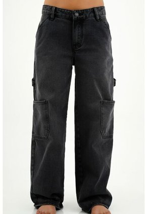 Jean Negro Con Bolsillos De Parche Para Mujer