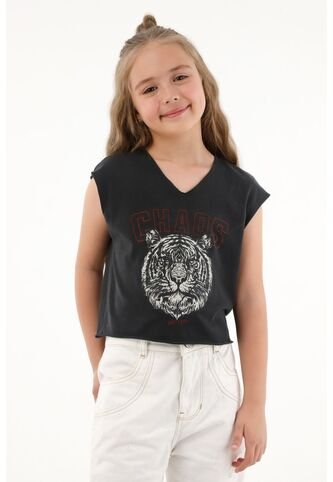 Camiseta Negra Con Estampado De Tigre Para Niña Tennis