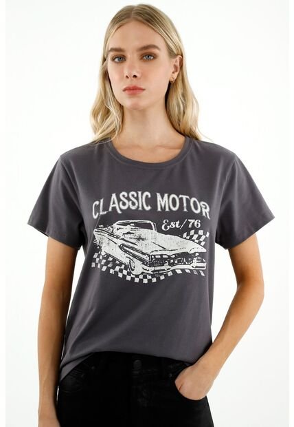 Camiseta Con Gráfico Localizado Gris Para Mujer
