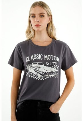 Camiseta Con Gráfico Localizado Gris Para Mujer
