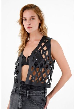 Tennis Chaleco Tipo Cuero Negro Para Mujer