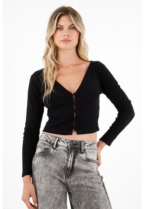 Camiseta Negra De Botones Para Mujer