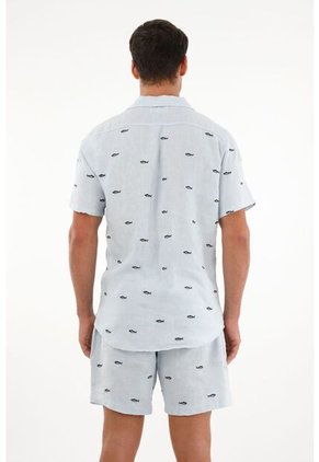 Tennis Camisa Azul Con Bordado De Peces Para Hombre