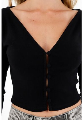 Camiseta Negra De Botones Para Mujer