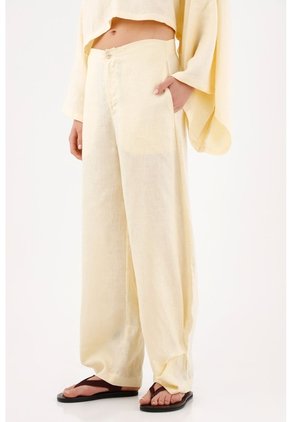 Tennis Pantalón Pierna Ancha Con Caída Fluida En Lino Amarillo Para Mujer