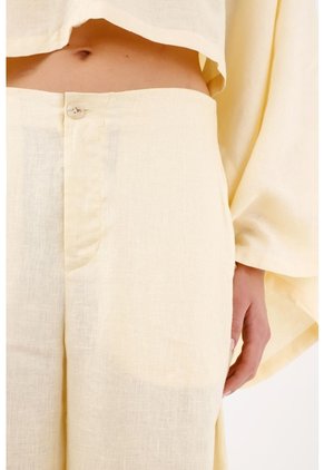Tennis Pantalón Pierna Ancha Con Caída Fluida En Lino Amarillo Para Mujer
