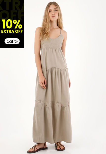 Vestido Largo Con Escote En V Café Para Mujer