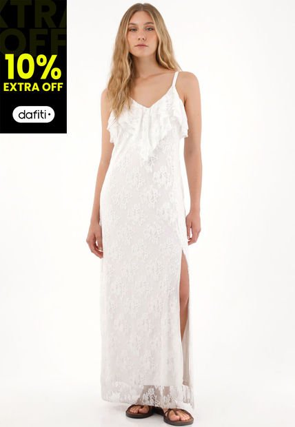 Vestido Largo En Encaje Con Escote En V Crudo Para Mujer
