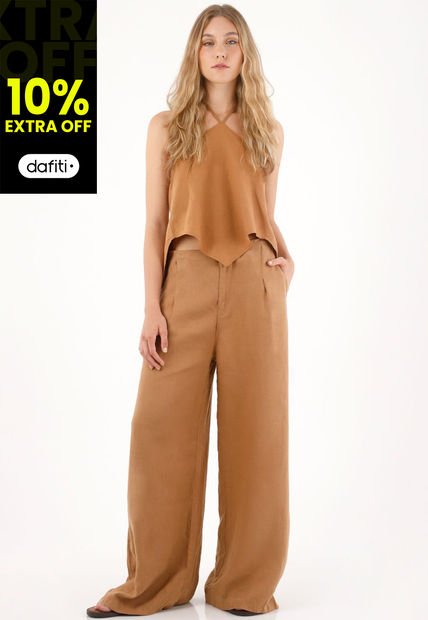 Pantalón Wide Leg En 100% Lino Café Para Mujer