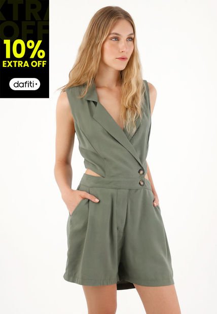 Enterizo Corto En Twill Verde Para Mujer