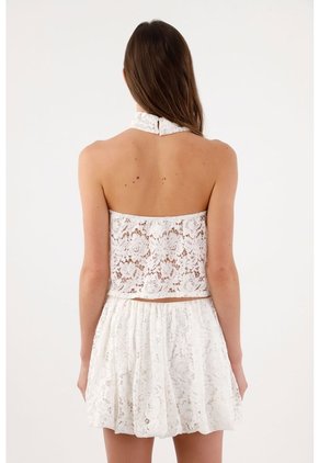 Tennis Top Crop Holgado Con Cuello Halter Cruzado En Encaje Blanco Para Mujer