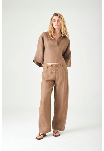 Tennis Pantalón Wide Leg Con Doble Botonadura De Lino Color Tierra Para Mujer Tennis