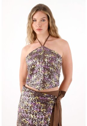 Tennis Camisa Crop Con Lentejuelas Café Para Mujer